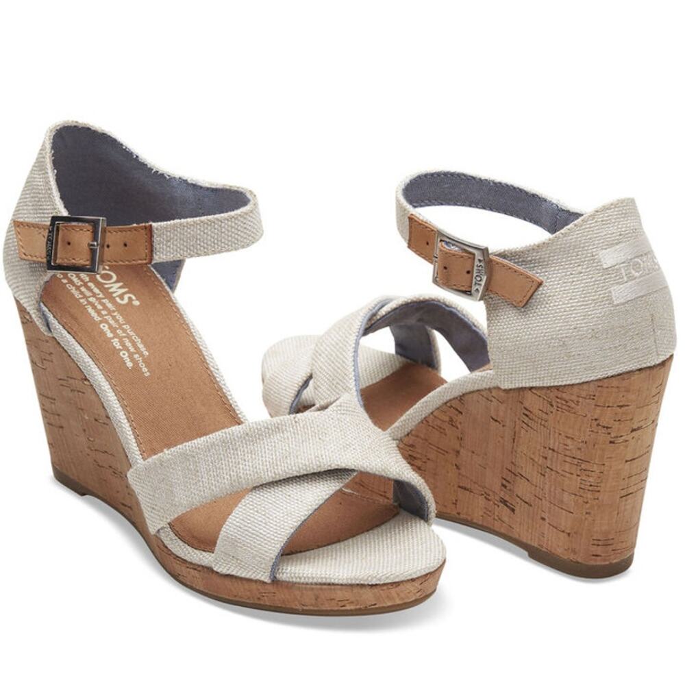 TOMS Sienna Cork Wedge Sandals Crisscross Strap Classic Ankle Canvas Beige 12